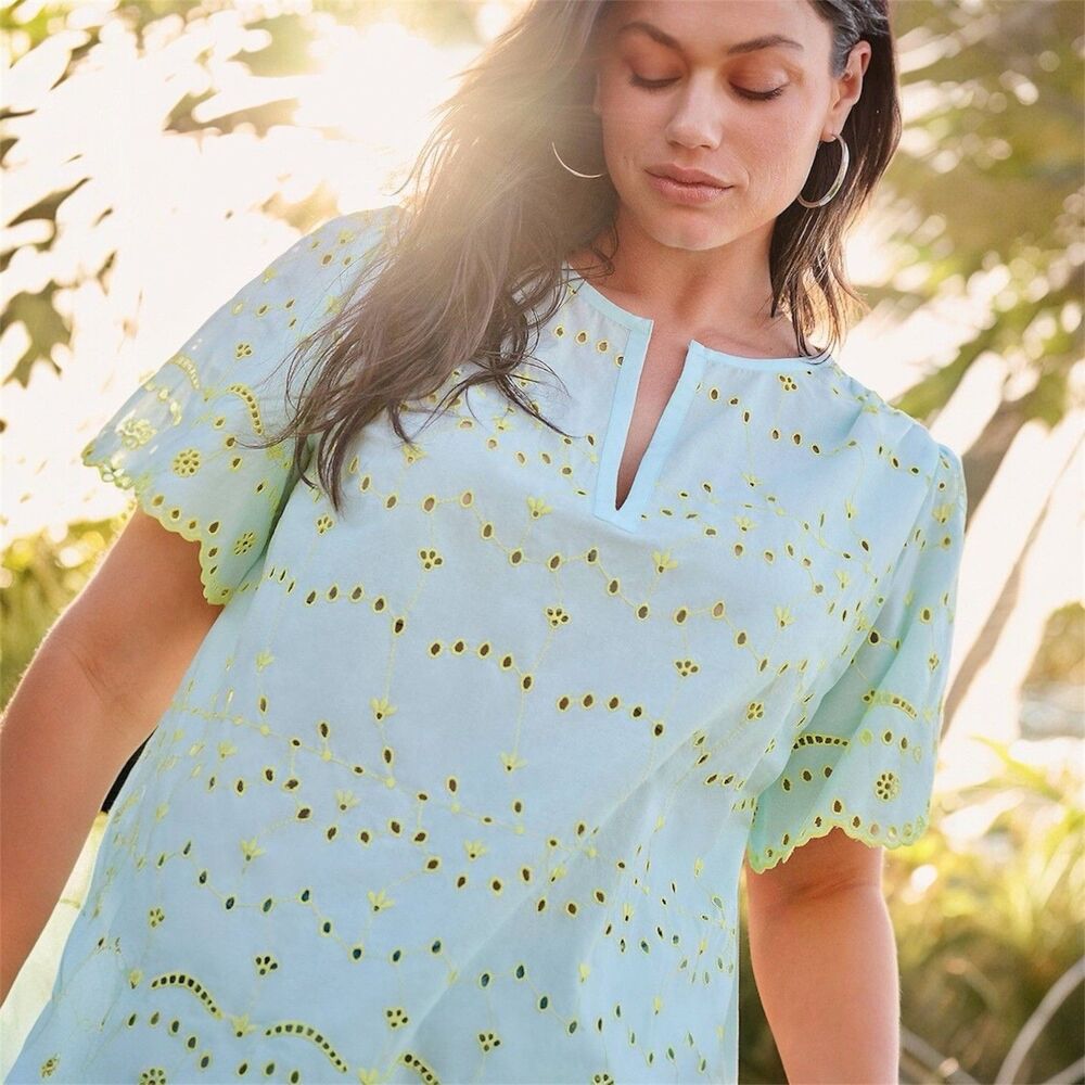 NEW Lane Bryant Eyelet Flutter Sleeve Split Neck Top Size 26 Cotton Teal Beachy